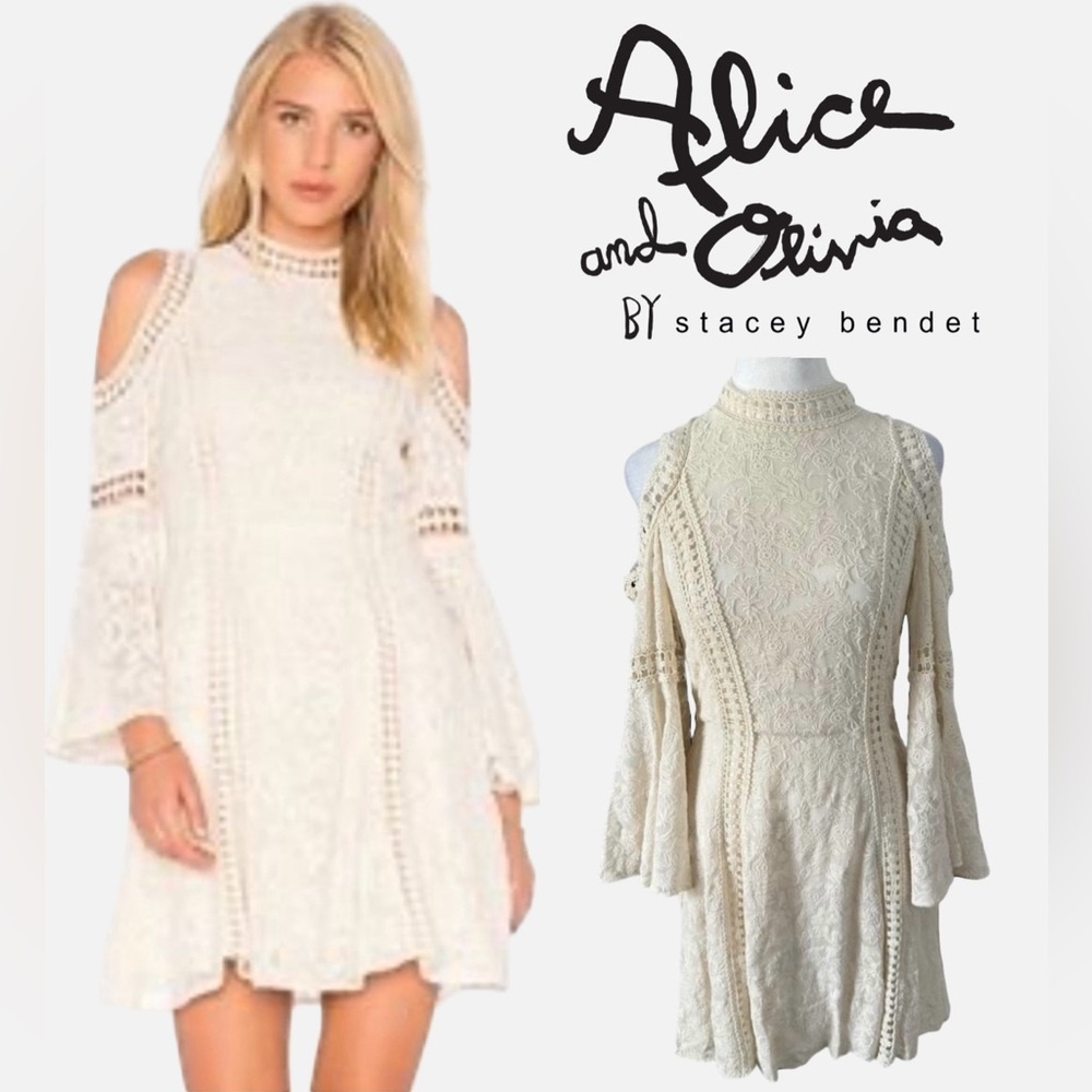 Alice+Olivia Lace Short Dress Bridal Ivory Bohemian Engagement Bachelorette Sz 4 - Picture 15 of 16